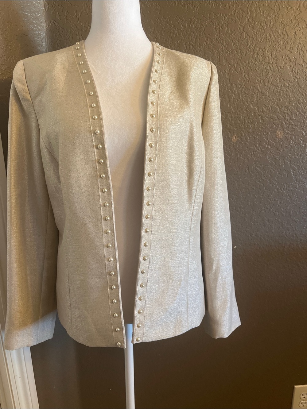 Preston & York Pearl-Trim Open Front Jacket in Ivory